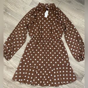 Hutch Brown and Ivory Polka Dot Long Sleeve Dress